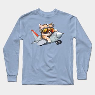 Cute Pilot Kitten Flying Long Sleeve T-Shirt